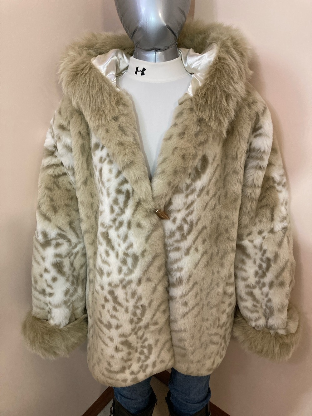 Cream Faux Fur Hooded Coat - Plush Animal Print